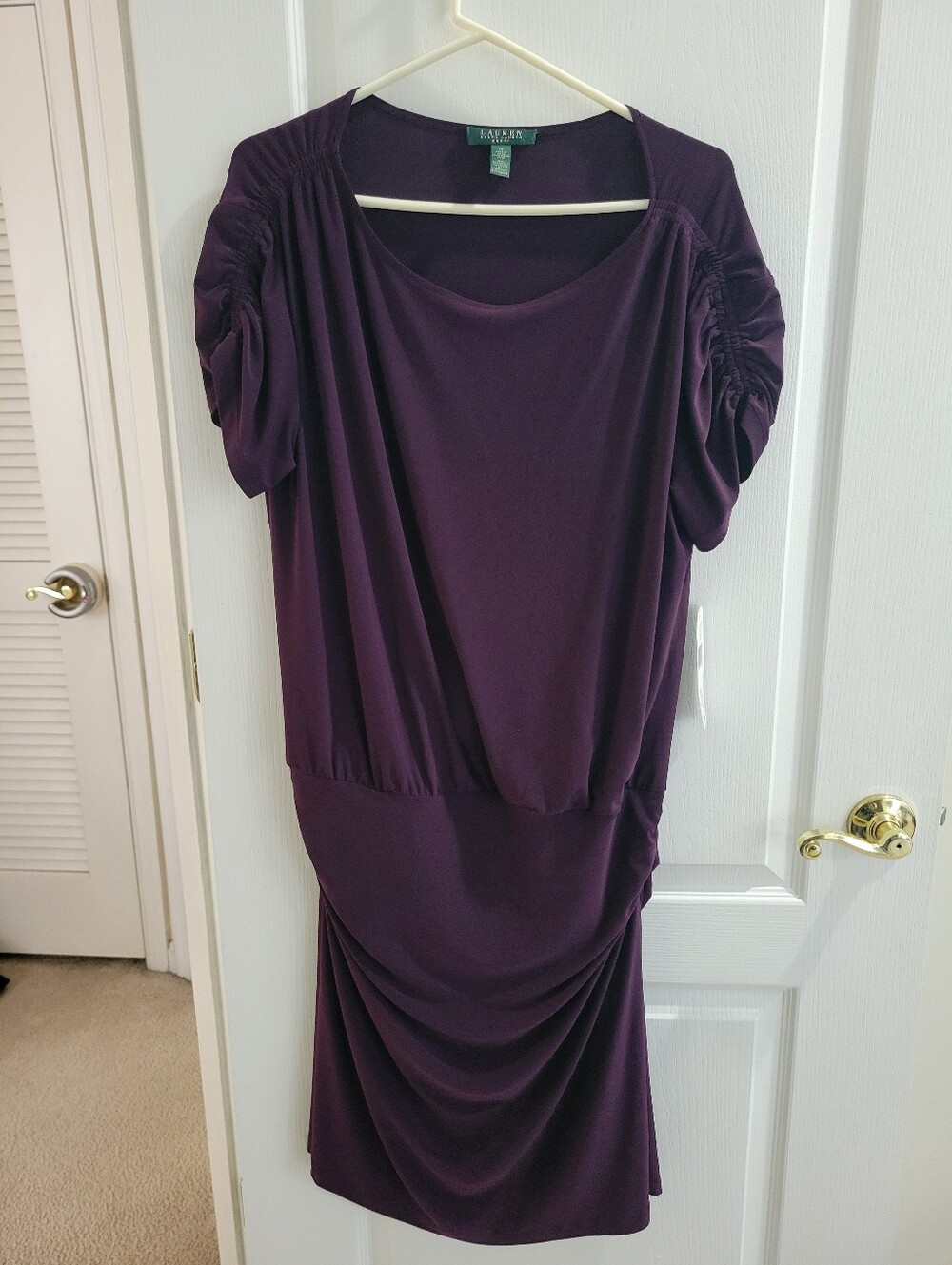 Lauren Ralph Lauren Dress Womens 16 Purple Short Sleeve Ruched Sheath Knee NWT
